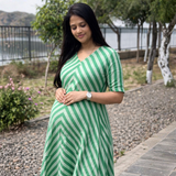 Green Striped Maternity A-Line Dress – Cotton Feeding-Friendly Dress
