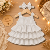 White Premium Glitter Tiered Ruffle Party Dress with Matching Hair Bow