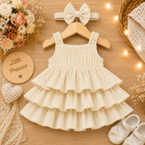 Ivory Premium Glitter Tiered Ruffle Party Dress with Matching Hair Bow