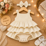 Ivory Premium Glitter Tiered Ruffle Party Dress with Matching Hair Bow