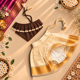 Brown One-Shoulder Top with Kasavu Romper Skirt