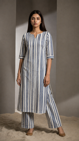 Ivory & Navy Vertical Stripe Kurta Co-ord Set