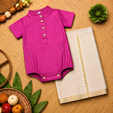 Royal Magenta Pink Checks Baby Ethnic Romper with Kasavu Dhoti