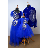 Royal Blue Butterfly-Themed Family Outfit Set - Mom's Gown, Dad's Embroidered Kurta, Baby Girl Frock | Family Twinning Collection.