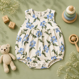 Blue Blossom Print Sleeveless Gathered Baby Romper