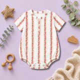 Vintage Rose Stripe Round-Neck Baby Button Romper