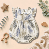 Tropical Leaf Print Peter Pan Collar Ruffle Baby Romper Frock