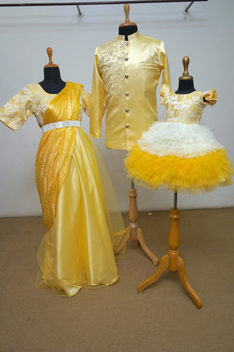 Golden Glow Family Matching Outfit Set – Gown, Jacket Kurta, and Baby Tutu Dress