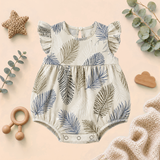 Tropical Leaf Print Ruffle-Sleeve Baby Romper Frock