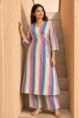Pastel Rainbow Stripe Wrap Kurta & Pant Set