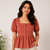 Rust Charm Textured Square Neck Peplum Top