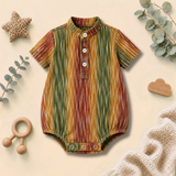 Rustic Multicolour Stripe Mandarin-Collar Baby Button Romper