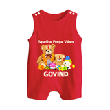 Ayudha Puja Teddy Blessings Button Romper - RED - New Born (Chest 18")