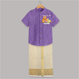 Ayudha Puja Teddy Blessings Shirt and Dhoti - ROYAL PURPLE - 0 - 6 Months Old (Chest-23") (Dhoti length-14")