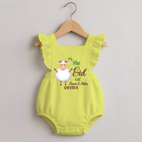 My First Eid Family Theme Kids Romper frock – Name Printed Festive Outfit - PASTEL YELLOW - 0 - 3 Months Old (Chest 19")