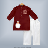 Eid Mubarak with cute lamp Personalized Kids Kurta - MAROON - 3 - 6 Months Old (Chest 24", Kurta Length 14'', Waist 19", Pant Length 14")