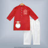 Eid Mubarak with cute lamp Personalized Kids Kurta - RED - 3 - 6 Months Old (Chest 24", Kurta Length 14'', Waist 19", Pant Length 14")