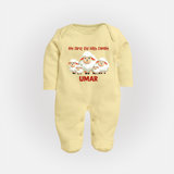 My First Eid with Family Sheep Theme Personalized Baby Full Body Suit - PASTEL YELLOW - New Born (Chest 7.5")