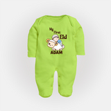 My First Eid Boy Riding Lamb Fun Theme Personalized Baby Full Body Suit - LIME GREEN - New Born (Chest 7.5")