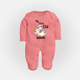 My First Eid Boy Riding Lamb Fun Theme Personalized Baby Full Body Suit - PEACH - New Born (Chest 7.5")