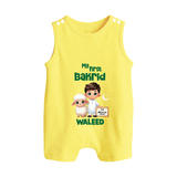 My First Bakrid Boy & Lamb Festive Personalized Baby Button Romper - PASTEL YELLOW - New Born (Chest 18")