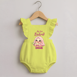 My First Bakrid Girl Eidi Celebration Personalized Baby Romper Frock - PASTEL YELLOW - 0 - 3 Months Old (Chest 19")