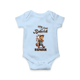 My First Bakrid Boy with Goat Celebration Personalized Baby Romper - BABY BLUE - New Born (Chest 14")