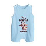 My First Bakrid Cute Goat Illustration Personalized Baby Button Romper - BABY BLUE - New Born (Chest 18")