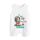 My First Eid with Ammi & Abbu Prayer Theme Personalized Baby Button Romper - WHITE - New Born (Chest 18")
