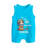 My First Eid with Ammi & Abbu Prayer Theme Personalized Baby Button Romper - SKY BLUE - New Born (Chest 18")