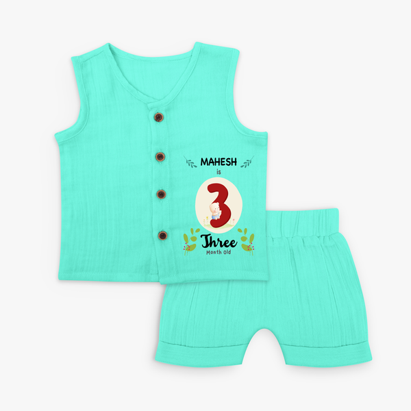 Celebrate The 3rd Month Birthday Custom Jabla set, Personalized with your little one's name - AQUA GREEN - 0 - 3 Months Old (Chest 9.8")
