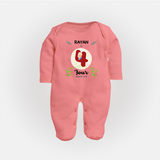 Customized Baby Full Sleeve Bodysuit/ Sleep Suit/ Jumpsuit | Celebrate 4th Month | Soft & Comfy Fit Full Sleeve Bodysuit/ Sleep Suit/ Jumpsuit - PEACH - New Born (Chest 7.5")