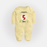 Customized Baby Full Sleeve Bodysuit/ Sleep Suit/ Jumpsuit | Celebrate 5th Month | Soft & Comfy Fit Full Sleeve Bodysuit/ Sleep Suit/ Jumpsuit - PASTEL YELLOW - New Born (Chest 7.5")