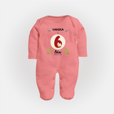 Customized Baby Full Sleeve Bodysuit/ Sleep Suit/ Jumpsuit | Celebrate 6th Month | Soft & Comfy Fit Full Sleeve Bodysuit/ Sleep Suit/ Jumpsuit - PEACH - New Born (Chest 7.5")