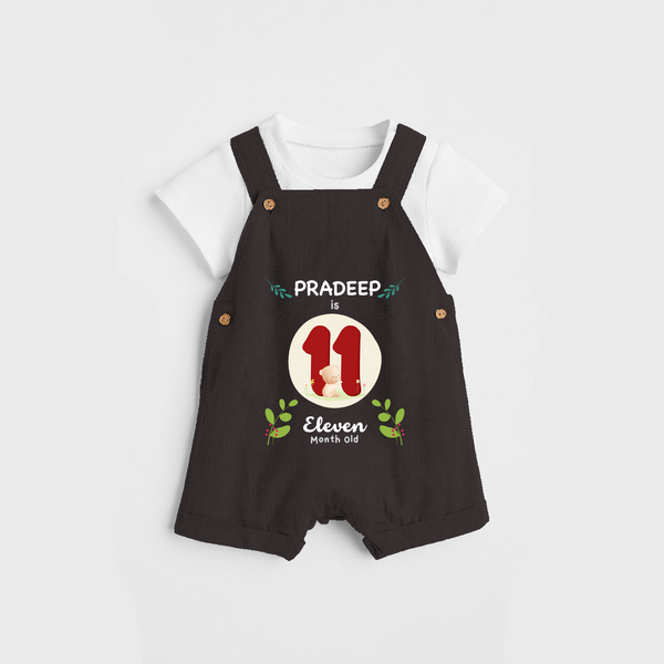 Celebrate The Eleventh Month Birthday Customised Dungaree set for your Kids - CHOCOLATE BROWN - 0 - 5 Months Old (Chest 17")