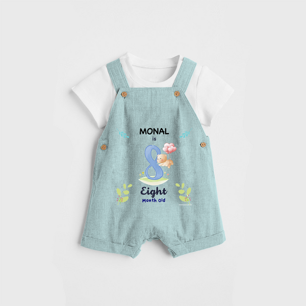 Celebrate The 8th Month Birthday Custom Dungaree set, Personalized with your little one's name - ARCTIC BLUE - 0 - 5 Months Old (Chest 17")