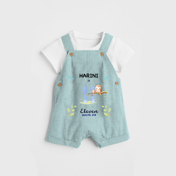 Celebrate The 11th Month Birthday Custom Dungaree set, Personalized with your little one's name - ARCTIC BLUE - 0 - 5 Months Old (Chest 17")