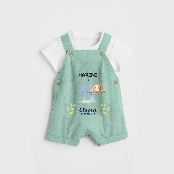 Celebrate The 11th Month Birthday Custom Dungaree set, Personalized with your little one's name - LIGHT GREEN - 0 - 5 Months Old (Chest 17")