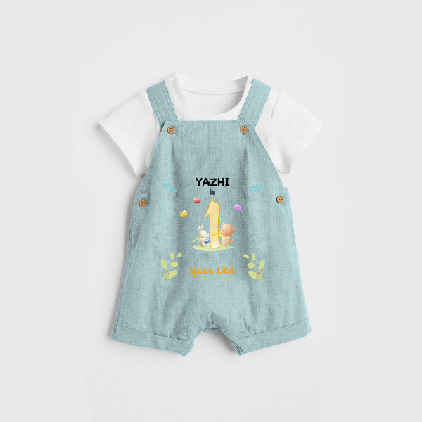 Celebrate The 12th Month Birthday Custom Dungaree set, Personalized with your little one's name - ARCTIC BLUE - 0 - 5 Months Old (Chest 17")