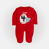 Baby Full Sleeve Bodysuit/ Sleep Suit/ Jumpsuit Birthday Outfit - 4th Month | Personalized Full Sleeve Bodysuit/ Sleep Suit/ Jumpsuit | Cozy Cotton Fabric - RED - New Born (Chest 7.5")