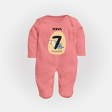 Baby Full Sleeve Bodysuit/ Sleep Suit/ Jumpsuit Birthday Outfit - 7th Month | Personalized Full Sleeve Bodysuit/ Sleep Suit/ Jumpsuit | Cozy Cotton Fabric - PEACH - New Born (Chest 7.5")