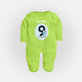 Baby Full Sleeve Bodysuit/ Sleep Suit/ Jumpsuit Birthday Outfit - 9th Month | Personalized Full Sleeve Bodysuit/ Sleep Suit/ Jumpsuit | Cozy Cotton Fabric - LIME GREEN - New Born (Chest 7.5")