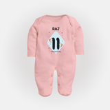 Baby Full Sleeve Bodysuit/ Sleep Suit/ Jumpsuit Birthday Outfit - 11th Month | Personalized Full Sleeve Bodysuit/ Sleep Suit/ Jumpsuit | Cozy Cotton Fabric - BABY PINK - New Born (Chest 7.5")