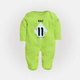 Baby Full Sleeve Bodysuit/ Sleep Suit/ Jumpsuit Birthday Outfit - 11th Month | Personalized Full Sleeve Bodysuit/ Sleep Suit/ Jumpsuit | Cozy Cotton Fabric - LIME GREEN - New Born (Chest 7.5")