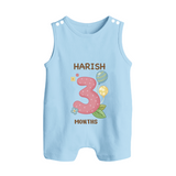 Celebrate Baby's 3rd Month | Custom Romper Suit/ Sleeveless Romper | Premium Cotton - BABY BLUE - 0 - 5 Months Old (Chest 18")