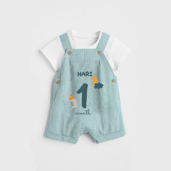Celebrate The 1st Month Birthday Custom Dungaree, Personalized with your Baby's name - ARCTIC BLUE - 0 - 5 Months Old (Chest 17")