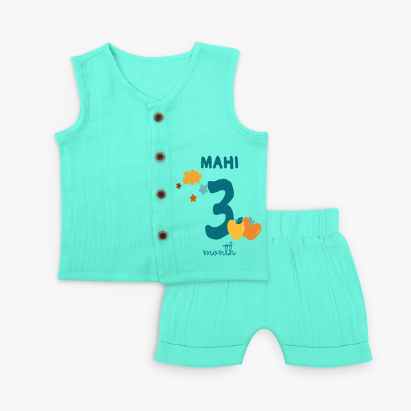 Celebrate The 3rd Month Birthday Custom Jabla set, Personalized with your Baby's name - AQUA GREEN - 0 - 3 Months Old (Chest 9.8")