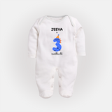 Milestone Full Sleeve Bodysuit/ Sleep Suit/ Jumpsuit for 3rd Month | Soft Cotton Personalized Full Sleeve Bodysuit/ Sleep Suit/ Jumpsuit | Unisex Design - WHITE - New Born (Chest 7.5")