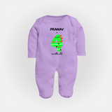 Milestone Full Sleeve Bodysuit/ Sleep Suit/ Jumpsuit for 4th Month | Soft Cotton Personalized Full Sleeve Bodysuit/ Sleep Suit/ Jumpsuit | Unisex Design - LILAC - New Born (Chest 7.5")