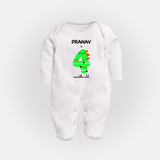 Milestone Full Sleeve Bodysuit/ Sleep Suit/ Jumpsuit for 4th Month | Soft Cotton Personalized Full Sleeve Bodysuit/ Sleep Suit/ Jumpsuit | Unisex Design - WHITE - New Born (Chest 7.5")